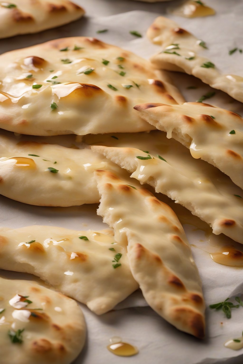 A high-resolution photo of honey butter naan shining with sweet glaze and soft tears under soft lighting.