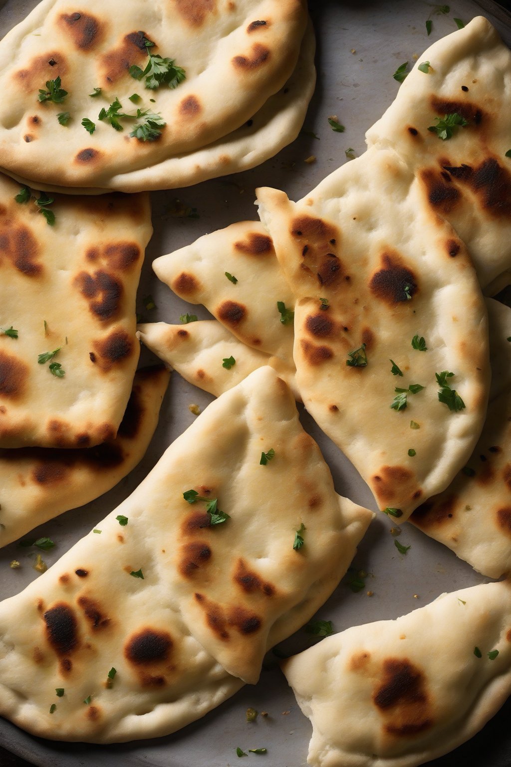 A high-resolution photo of gluten-free naan with airy texture and subtle char under soft lighting.