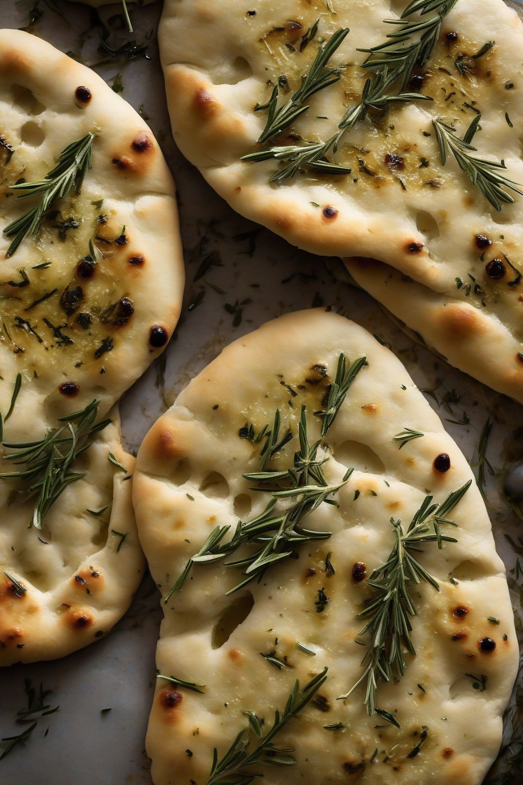 A high-resolution photo of rosemary olive oil naan drizzled with oil and herb flecks under soft lighting.