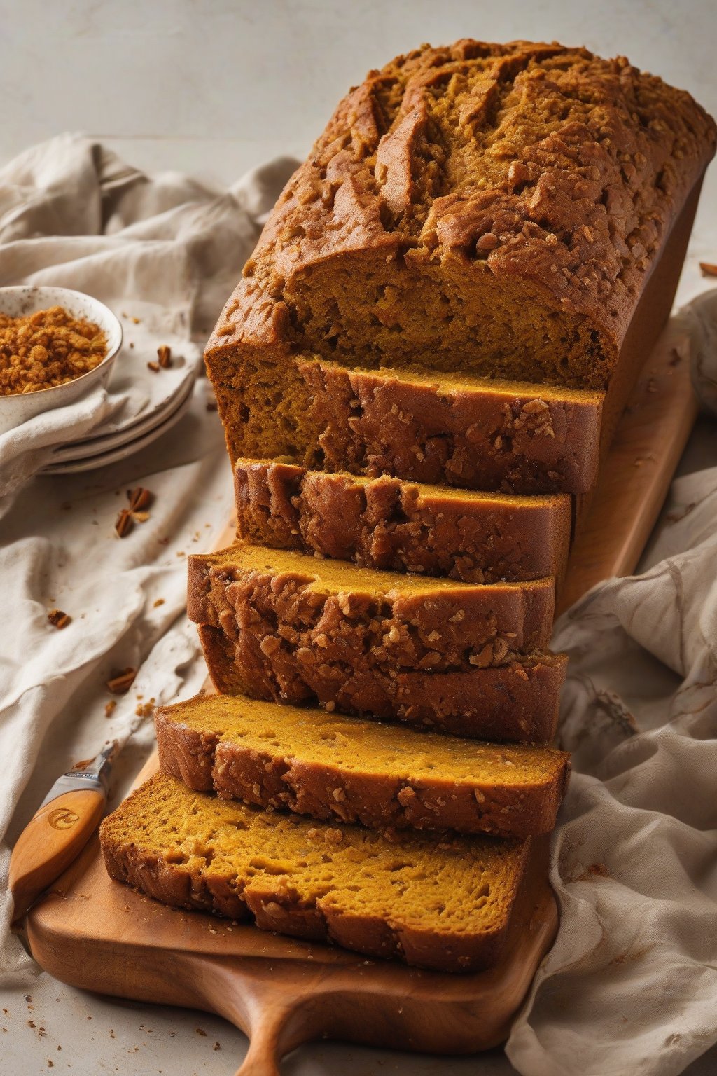 A high-resolution photo of a sliced loaf of classic spiced pumpkin bread revealing a moist orange crumb flecked with spices, under soft lighting.