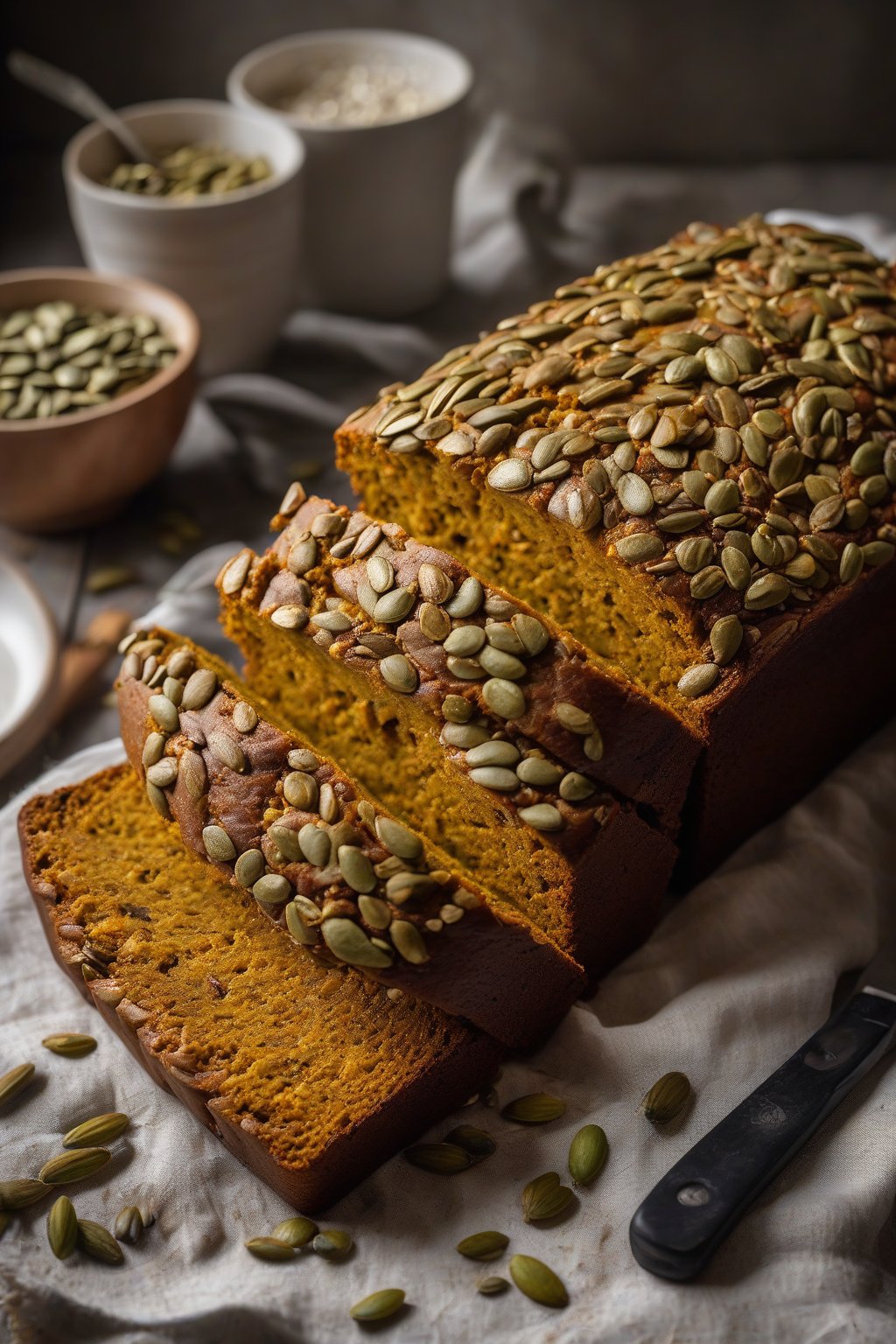 A high-resolution photo of gluten-free spiced pumpkin bread loaf with a rustic crumb, topped with pumpkin seeds, under soft lighting.
