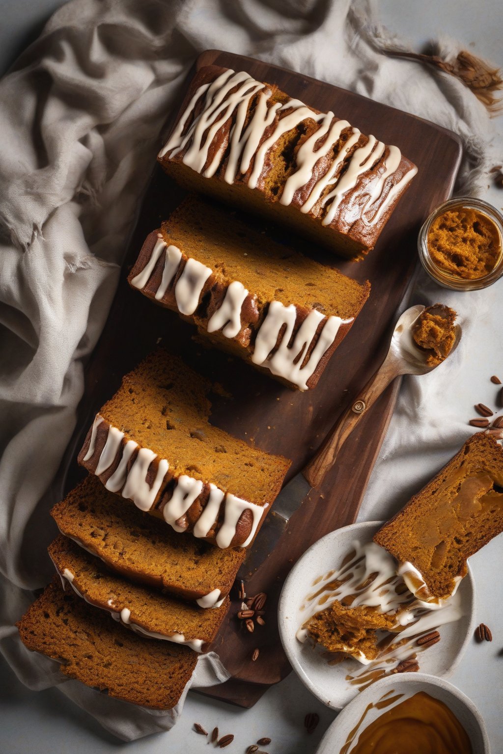 A high-resolution photo of vegan spiced pumpkin bread sliced to show fluffy texture, drizzled with maple glaze, under soft lighting.