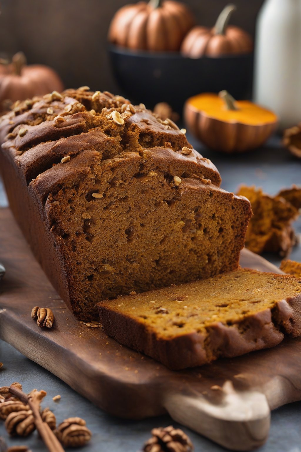 A high-resolution photo of walnut cinnamon spiced pumpkin bread with visible nut chunks in the crumb, under soft lighting.