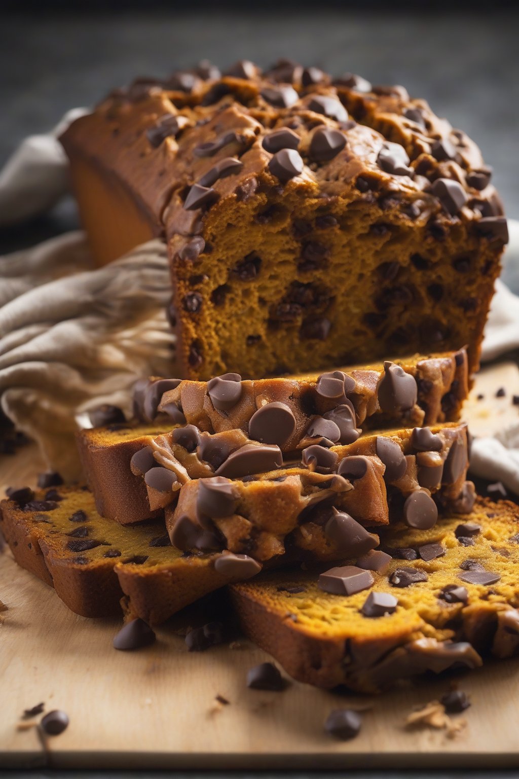 A high-resolution photo of chocolate chip spiced pumpkin bread loaf oozing melty chips when sliced, under soft lighting.