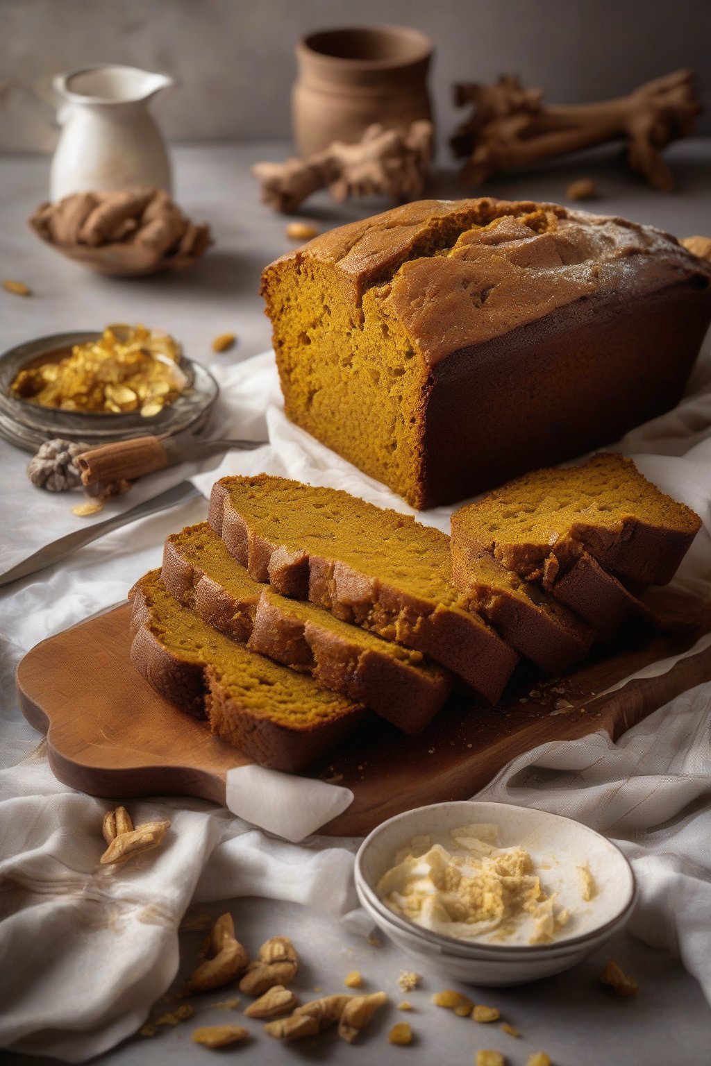 A high-resolution photo of ginger spiced pumpkin bread with a golden crust and moist interior, garnished with crystallized ginger, under soft lighting.