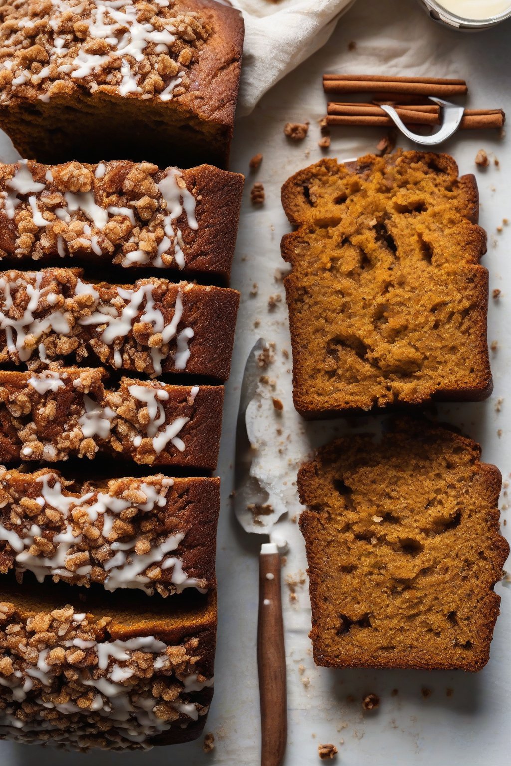 A high-resolution photo of streusel-topped spiced pumpkin bread with crumbly cinnamon topping, sliced to show layers, under soft lighting.