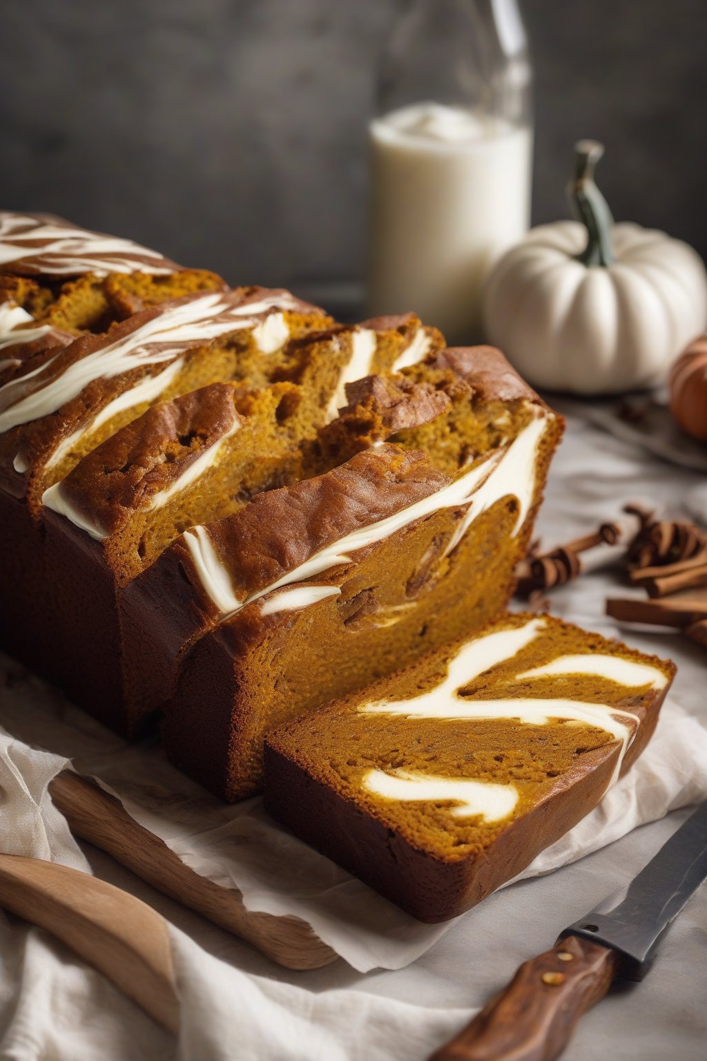 A high-resolution photo of cream cheese swirled spiced pumpkin bread showing marbled orange and white layers, under soft lighting.