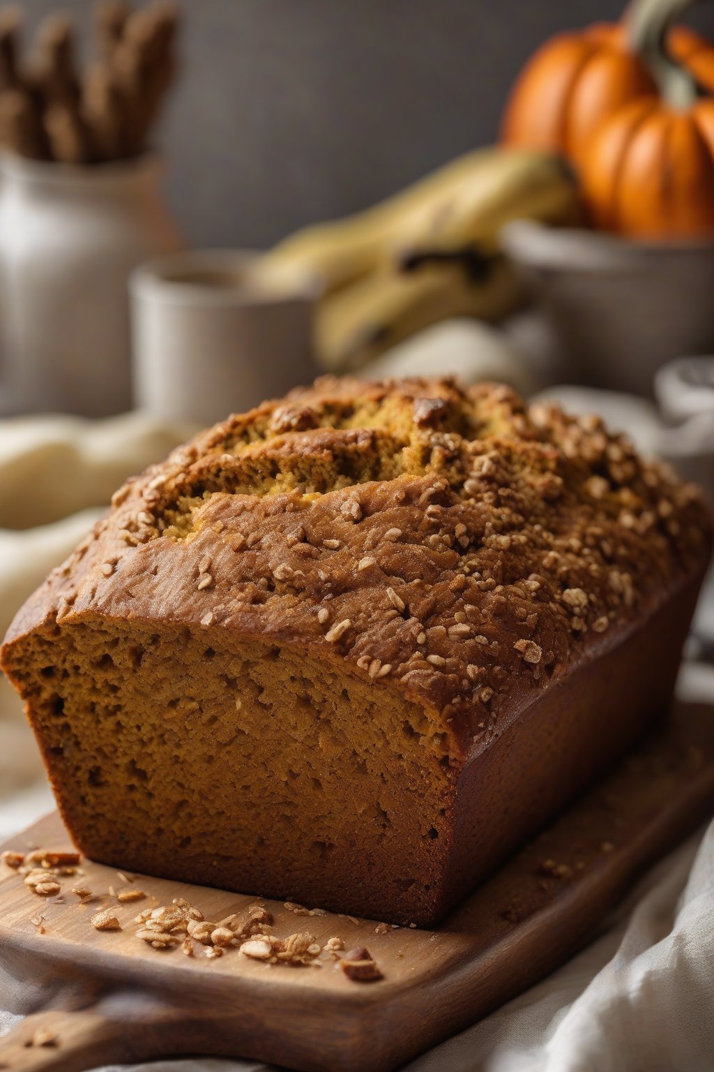 A high-resolution photo of banana pumpkin spiced bread loaf with dense, fruity crumb, under soft lighting.