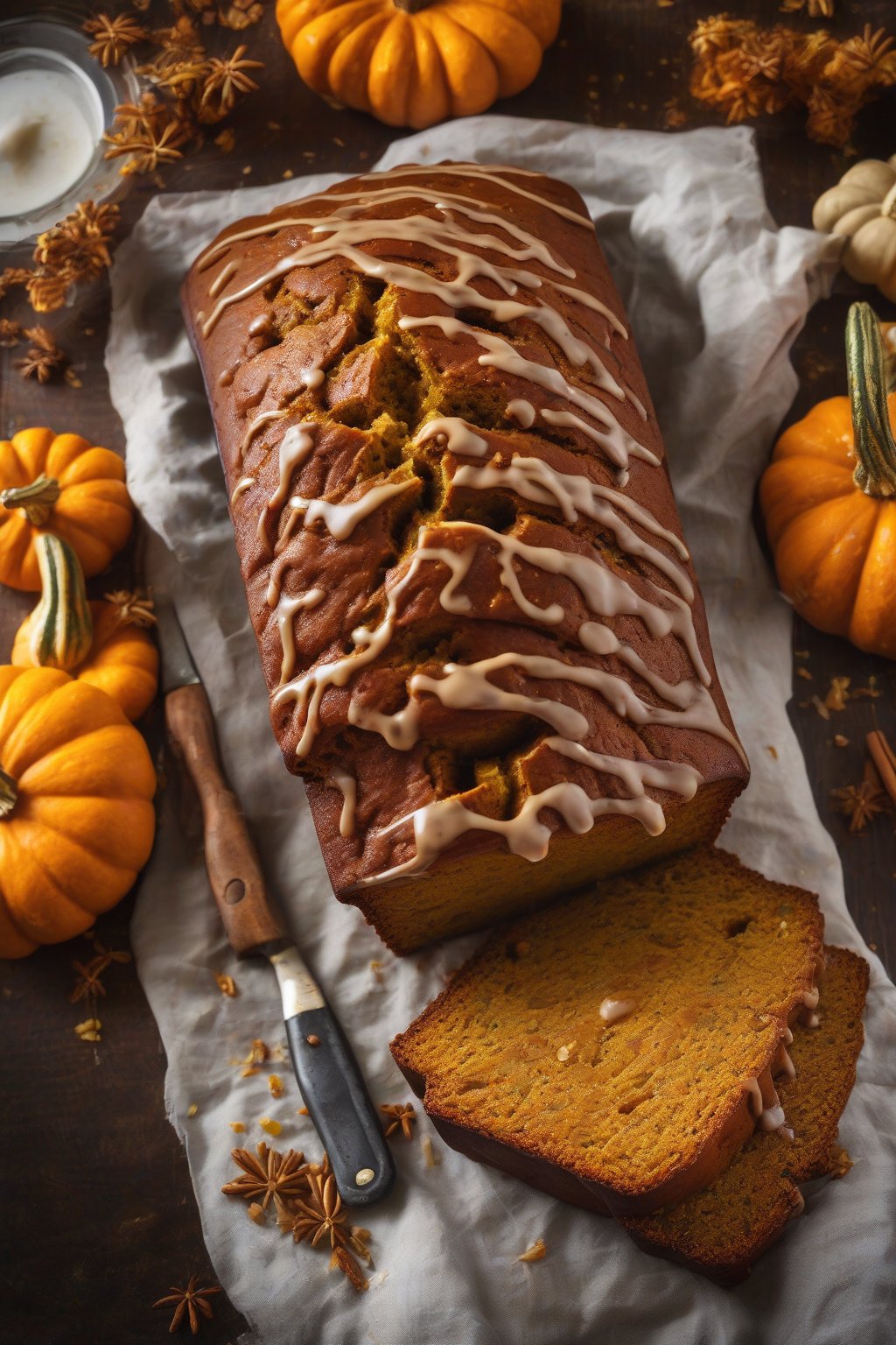 A high-resolution photo of orange zest spiced pumpkin bread drizzled with glaze, bright orange flecks visible, under soft lighting.