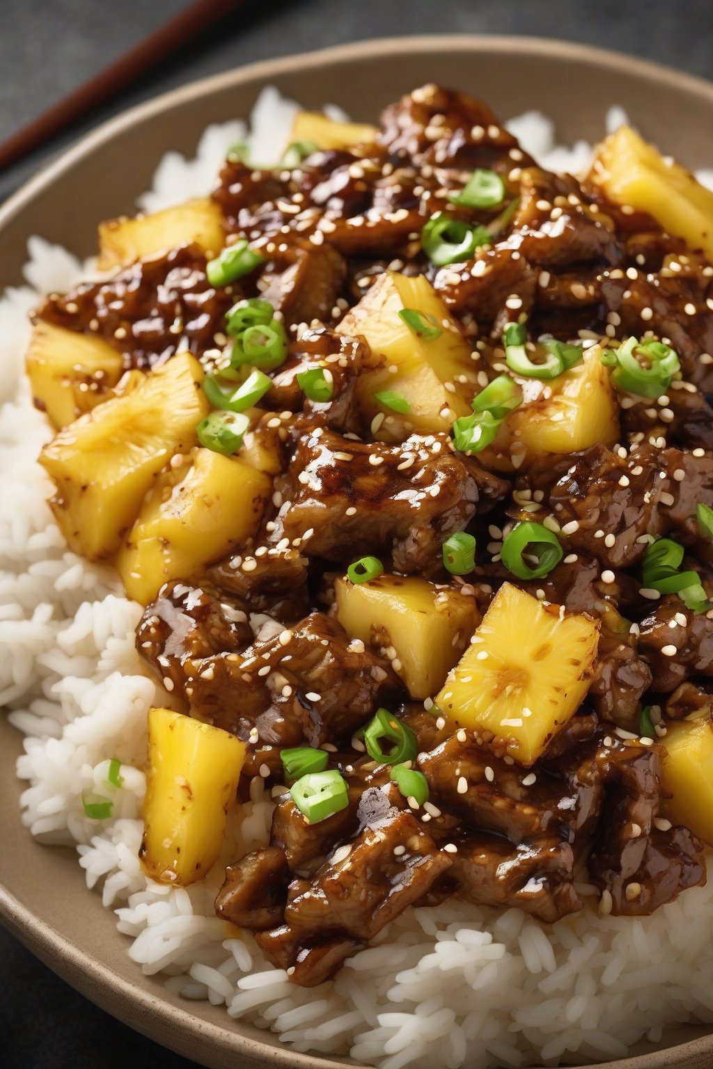 A high-resolution photo of pineapple teriyaki bulgogi with golden caramelization and pineapple chunks, served over rice, under soft lighting.