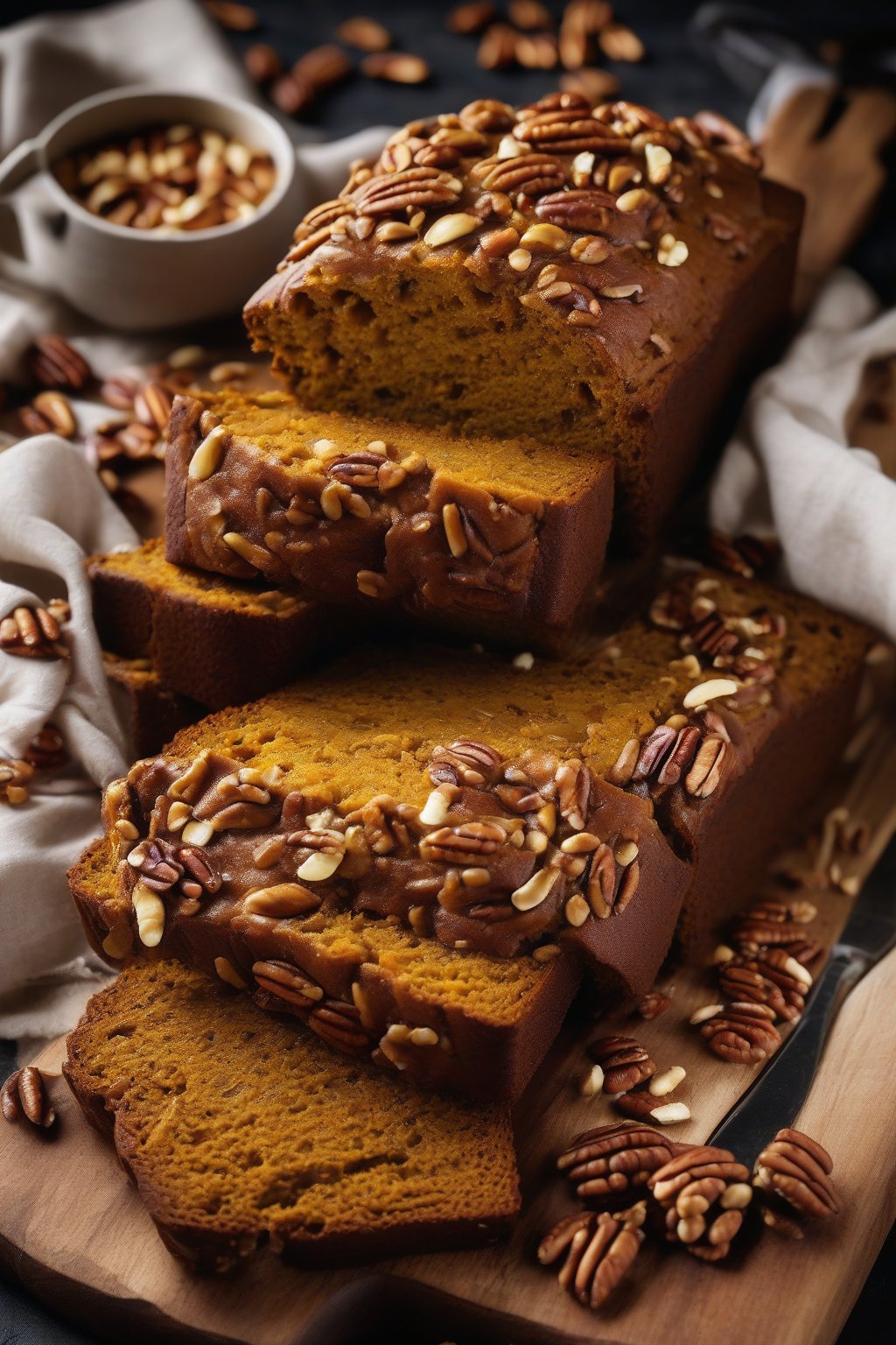 A high-resolution photo of pecan maple spiced pumpkin bread studded with toasted nuts, sliced warmly, under soft lighting.