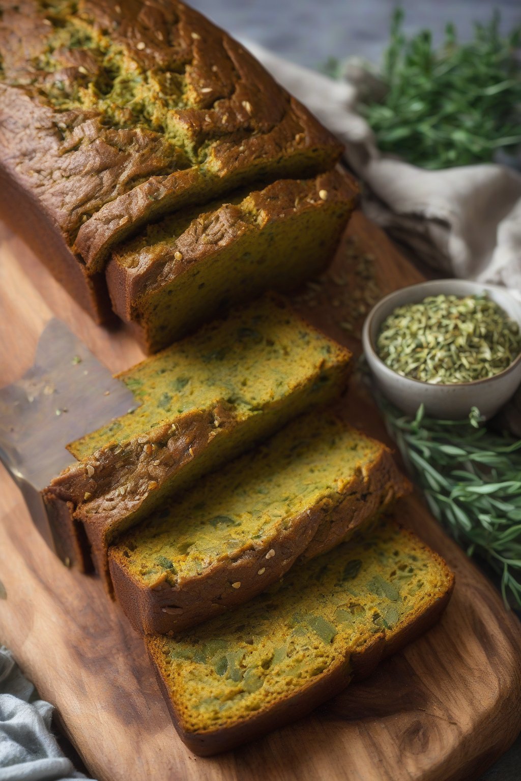 A high-resolution photo of savory herb spiced pumpkin bread with green flecks, loaf on wooden board, under soft lighting.