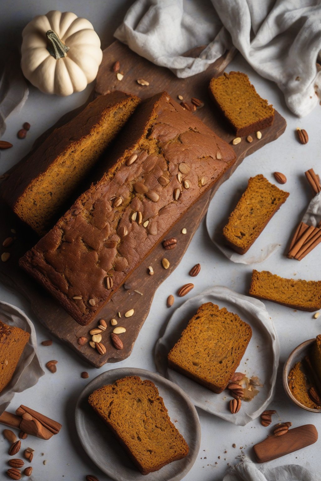 A high-resolution photo of keto spiced pumpkin bread slices showing nutty texture, under soft lighting.