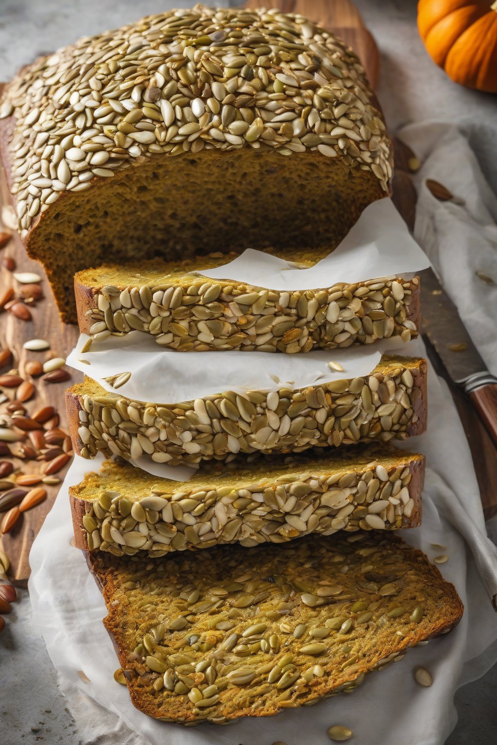 A high-resolution photo of pumpkin seed spiced bread loaf topped with seeds, cross-section revealing crunch, under soft lighting.