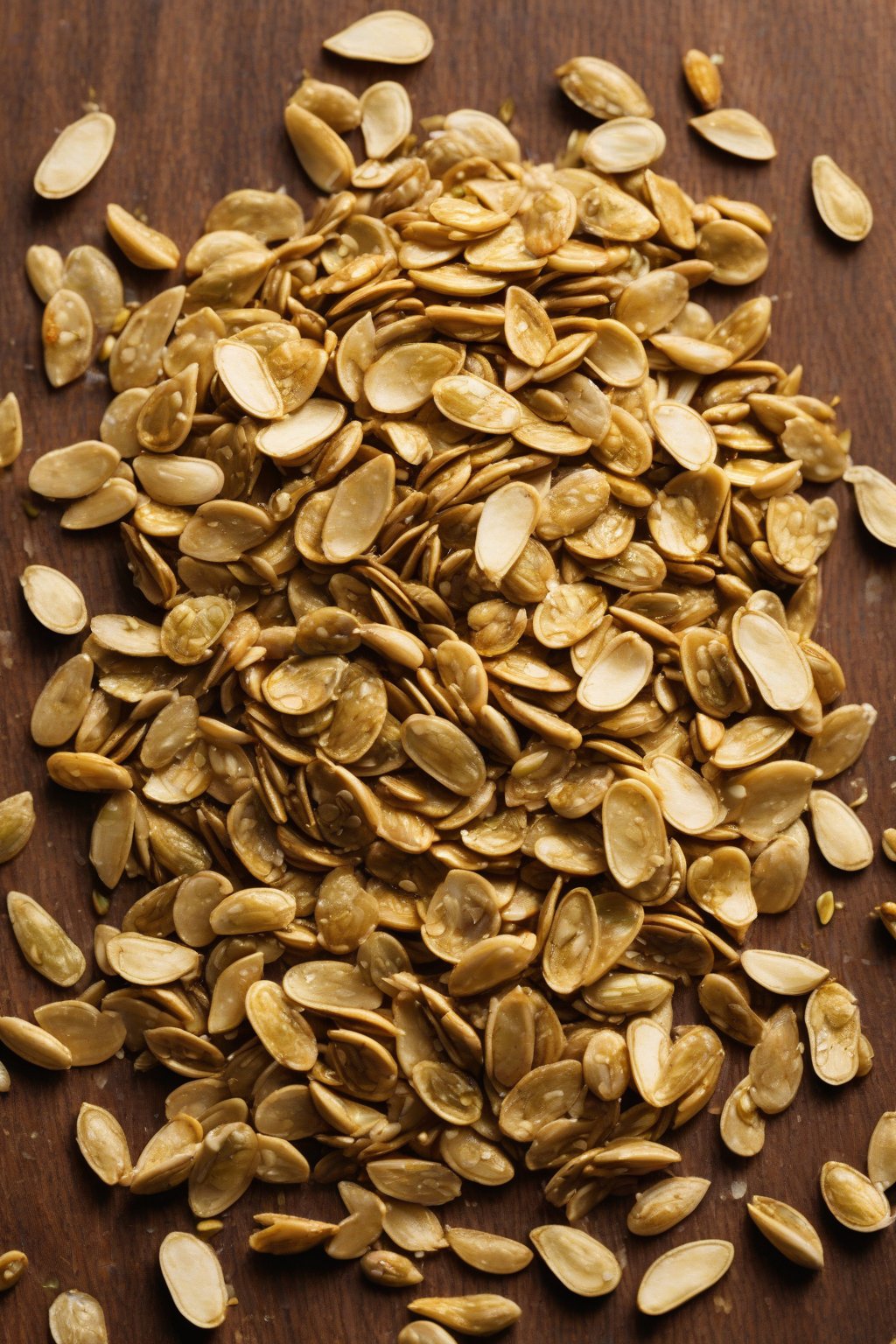 A high-resolution photo of golden garlic parmesan pumpkin seeds scattered on a wooden board under soft lighting.