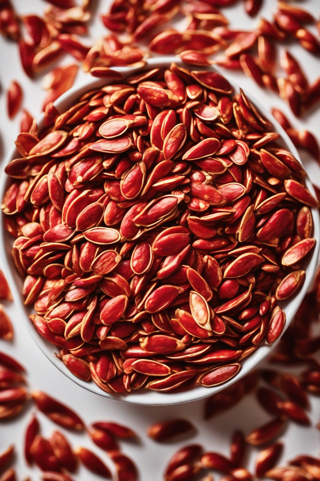 A high-resolution photo of vibrant red chili lime pumpkin seeds in a white bowl under soft lighting.