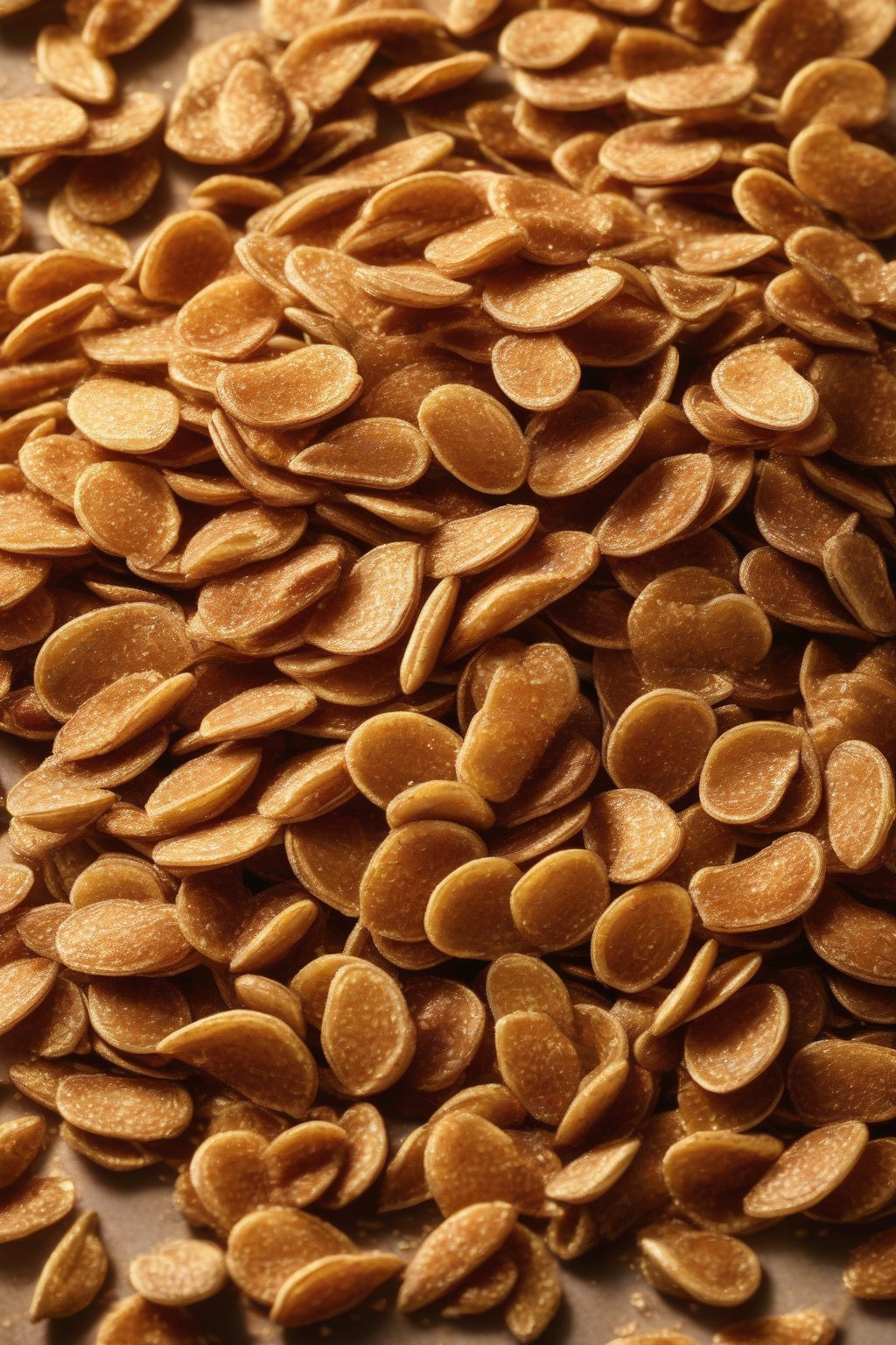A high-resolution photo of shimmering cinnamon sugar pumpkin seeds piled high under soft lighting.