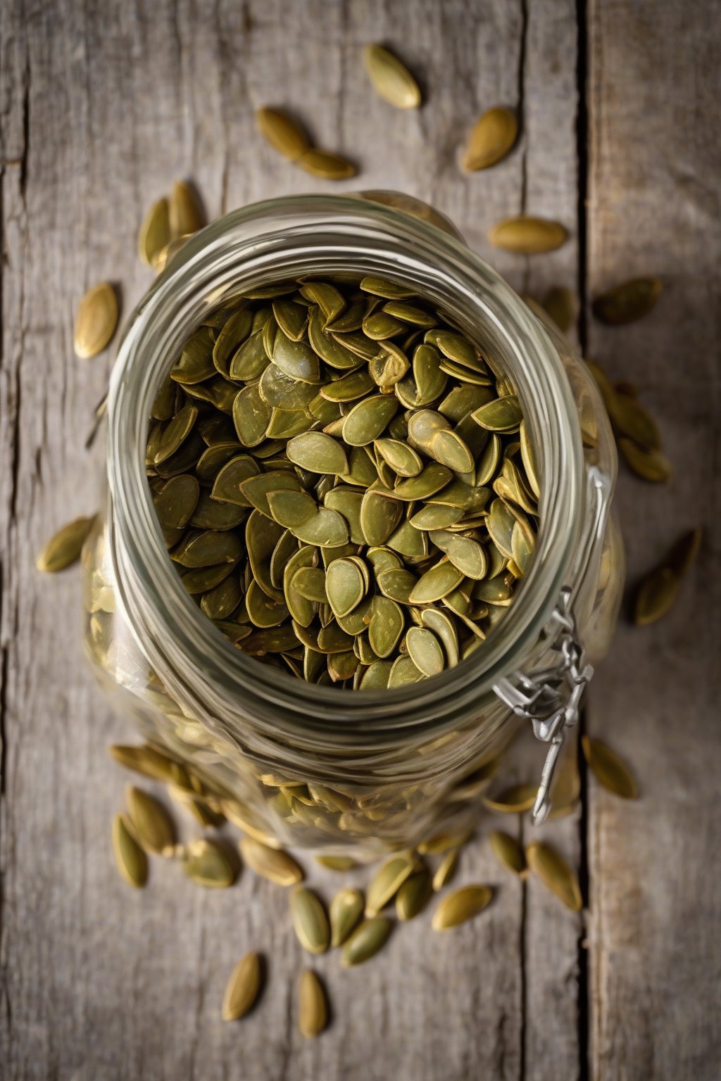 A high-resolution photo of herby ranch pumpkin seeds in a rustic jar under soft lighting.