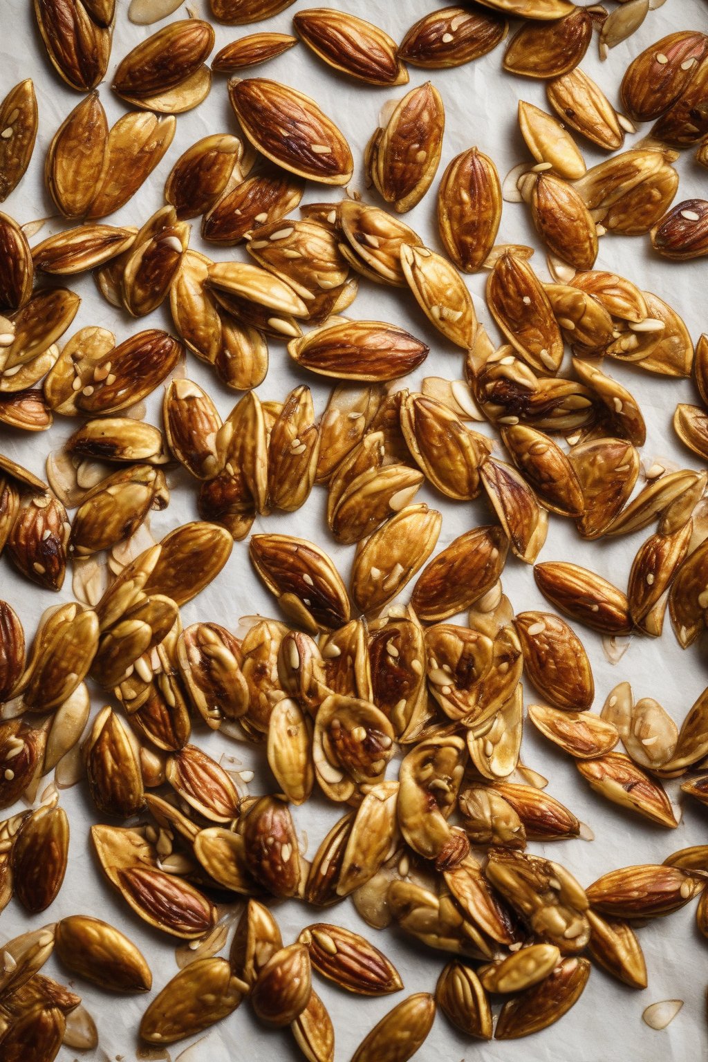 A high-resolution photo of smoky BBQ pumpkin seeds on a parchment paper under soft lighting.