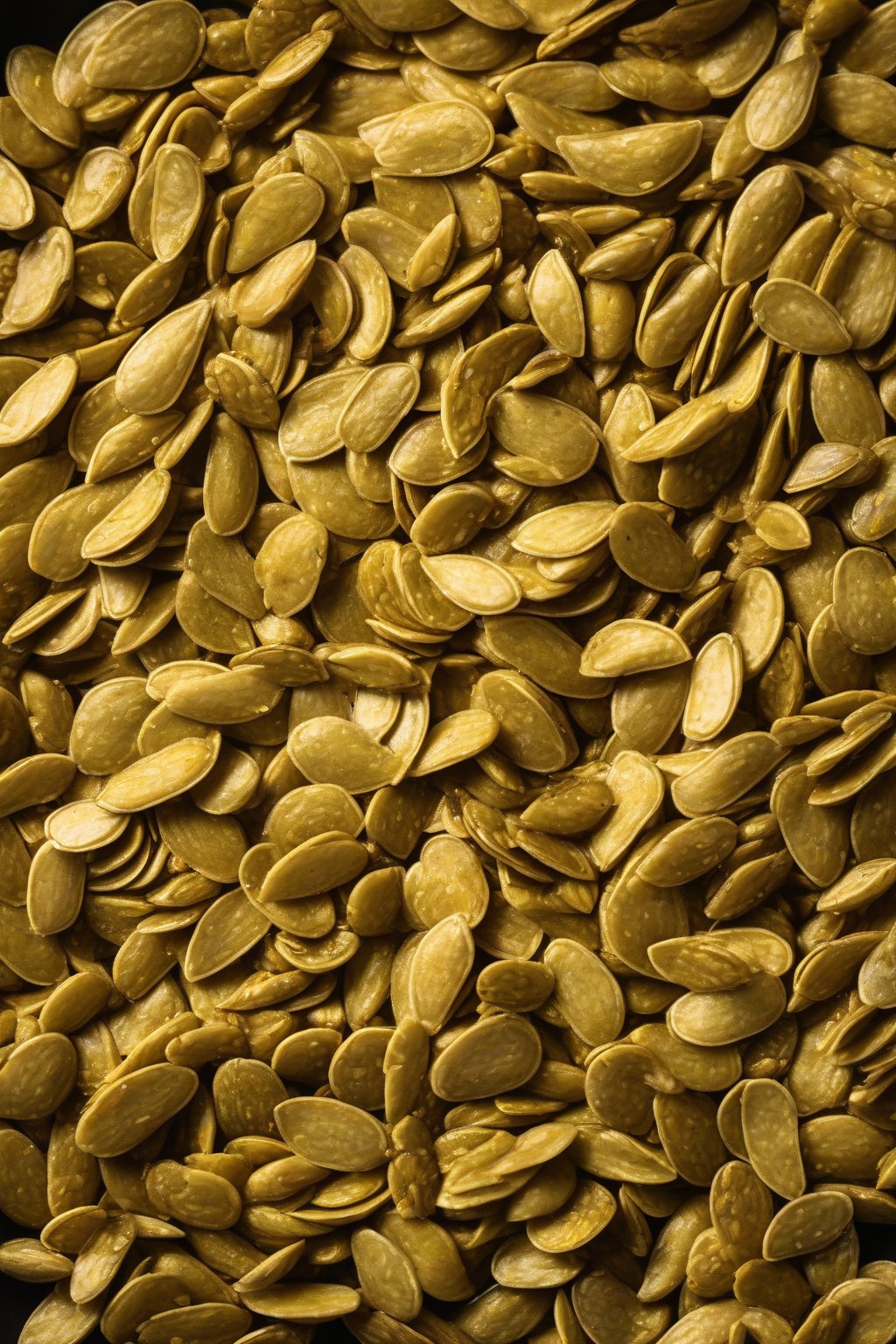 A high-resolution photo of golden curry-seasoned pumpkin seeds in a ceramic dish under soft lighting.
