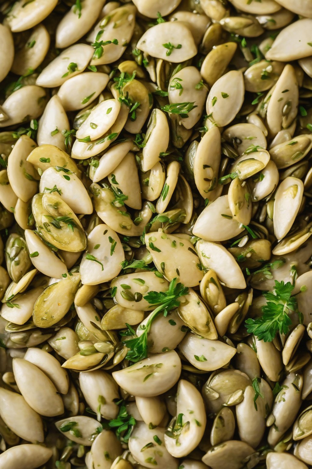 A high-resolution photo of zesty lemon herb pumpkin seeds sprinkled with fresh herbs under soft lighting.