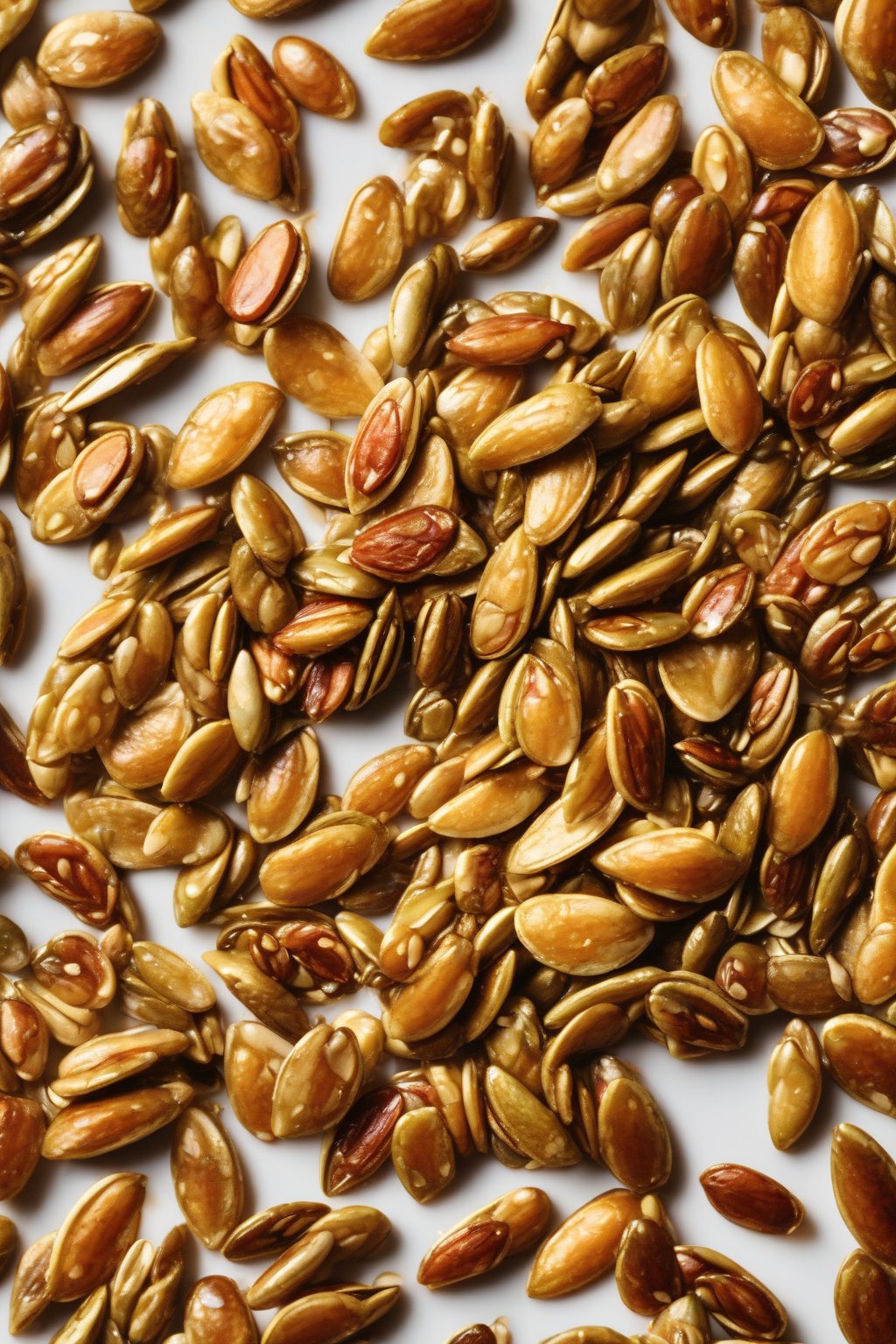 A high-resolution photo of glossy honey sriracha pumpkin seeds close-up under soft lighting.