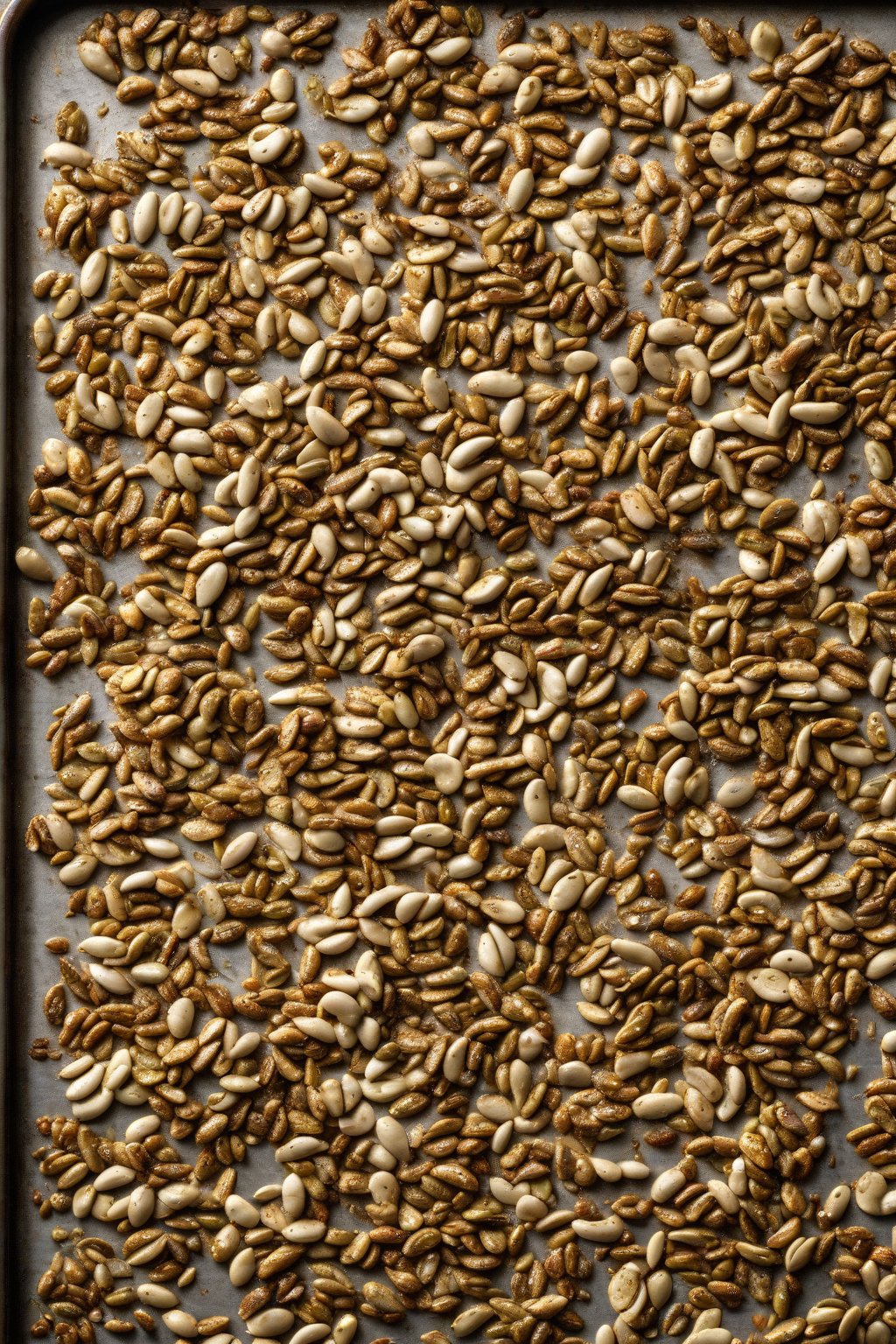 A high-resolution photo of textured everything bagel pumpkin seeds on a baking sheet under soft lighting.