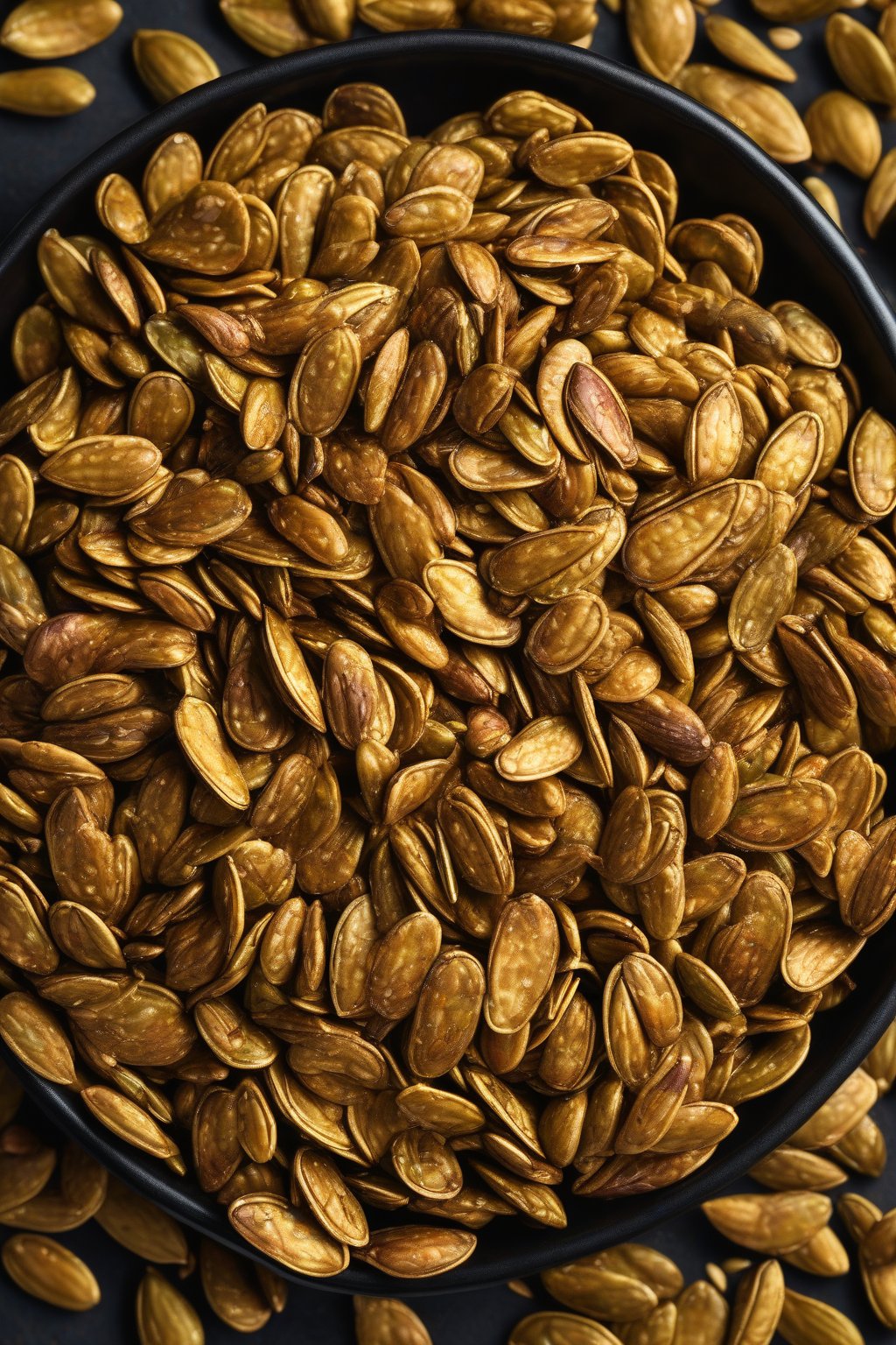A high-resolution photo of fiery Cajun pumpkin seeds in a black bowl under soft lighting.