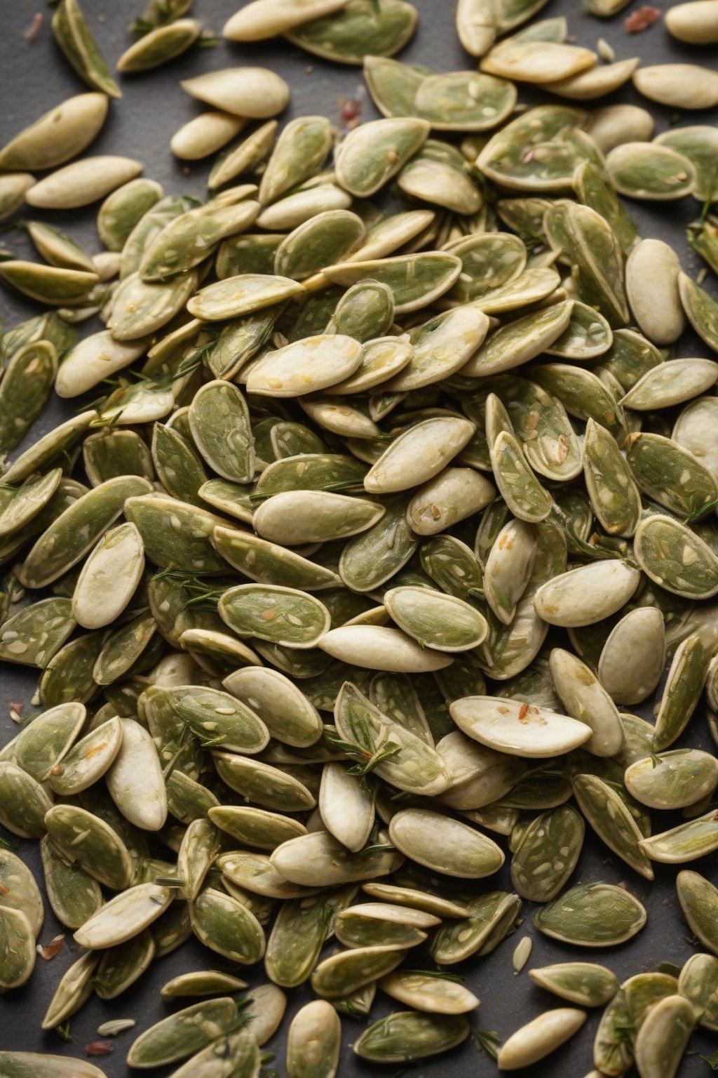 A high-resolution photo of aromatic rosemary sea salt pumpkin seeds with herb sprigs under soft lighting.