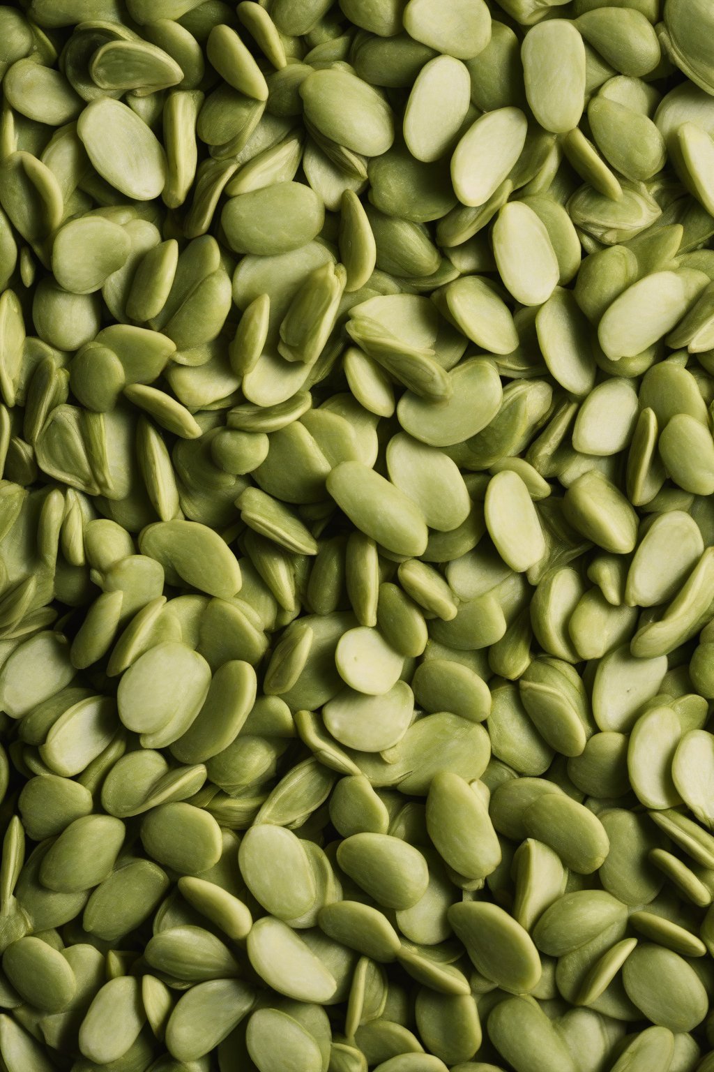A high-resolution photo of green-tinged wasabi pumpkin seeds scattered loosely under soft lighting.