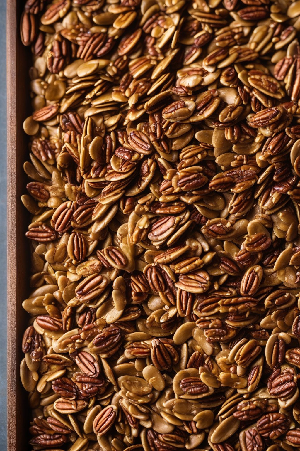 A high-resolution photo of caramelized maple pecan pumpkin seeds in a wooden tray under soft lighting.