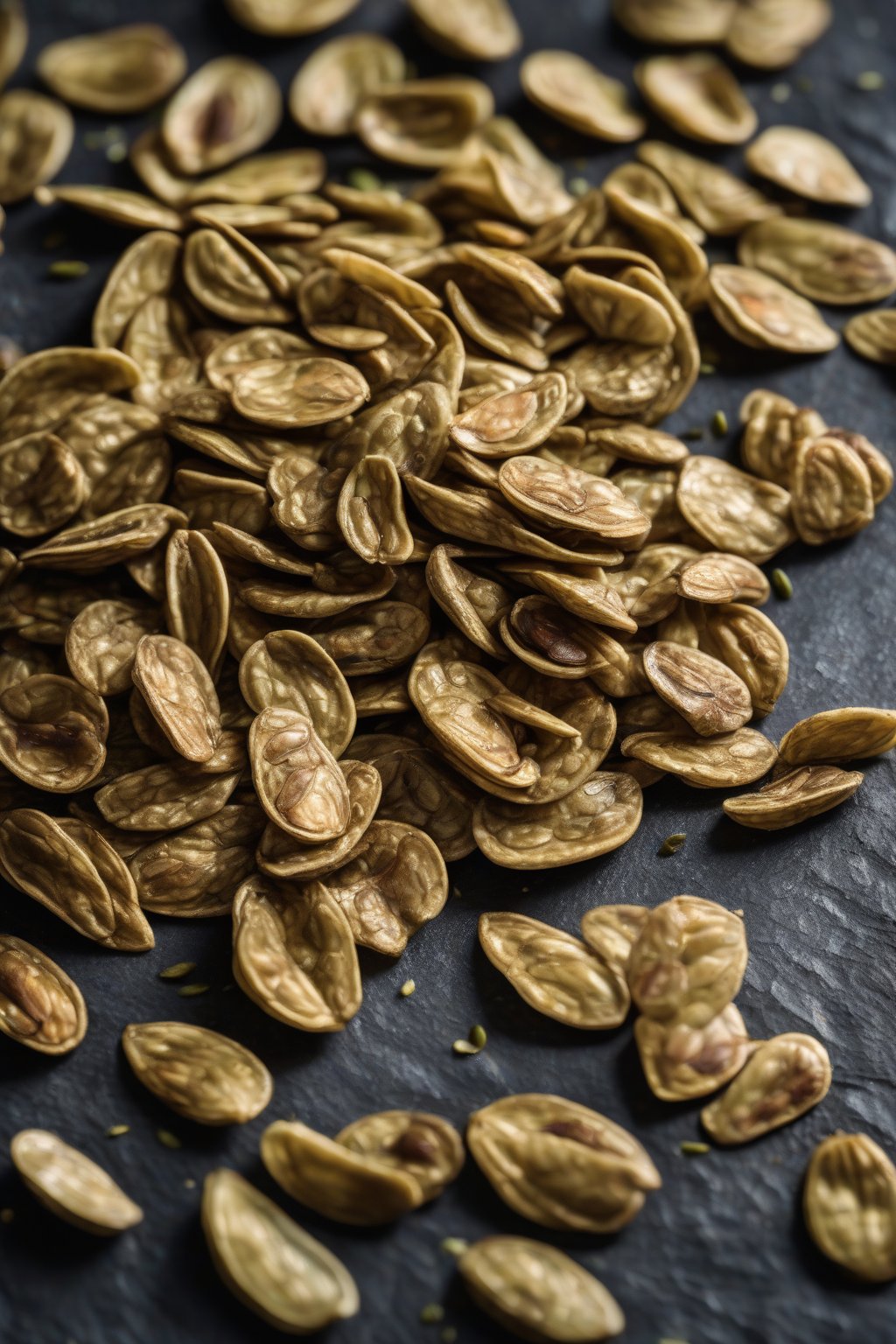A high-resolution photo of elegantly seasoned truffle pumpkin seeds on a slate board under soft lighting.