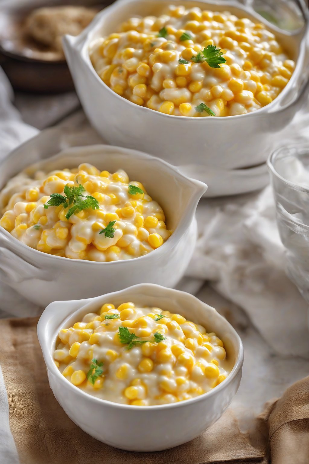 A high-resolution photo of classic sweet creamed corn in a white bowl, glossy and steaming under soft lighting.