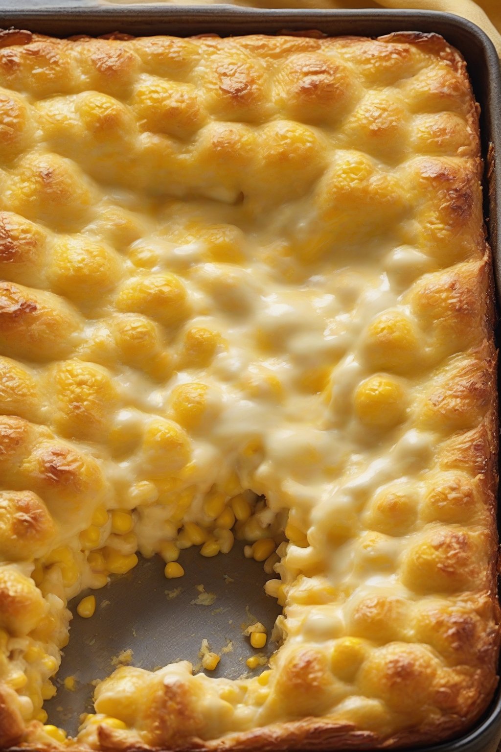 A high-resolution photo of cheesy sweet cream corn bake fresh from the oven, golden crust with melted cheese under soft lighting.