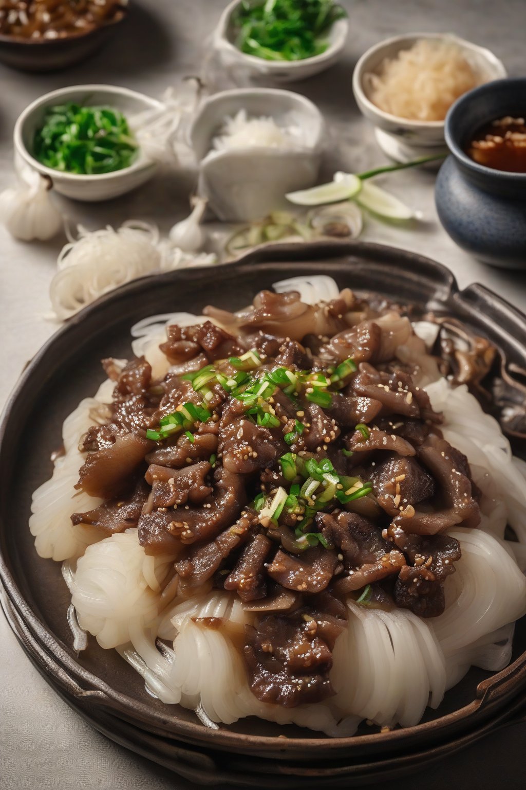 A high-resolution photo of Korean pear bulgogi with translucent onions and juicy slices, steaming on a plate, under soft lighting.