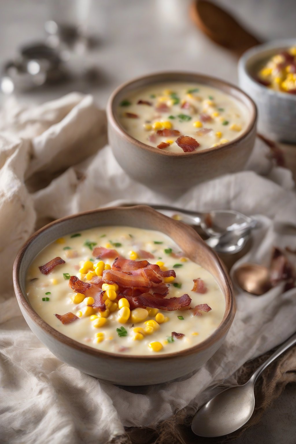 A high-resolution photo of sweet cream corn chowder in a rustic bowl, garnished with bacon bits under soft lighting.