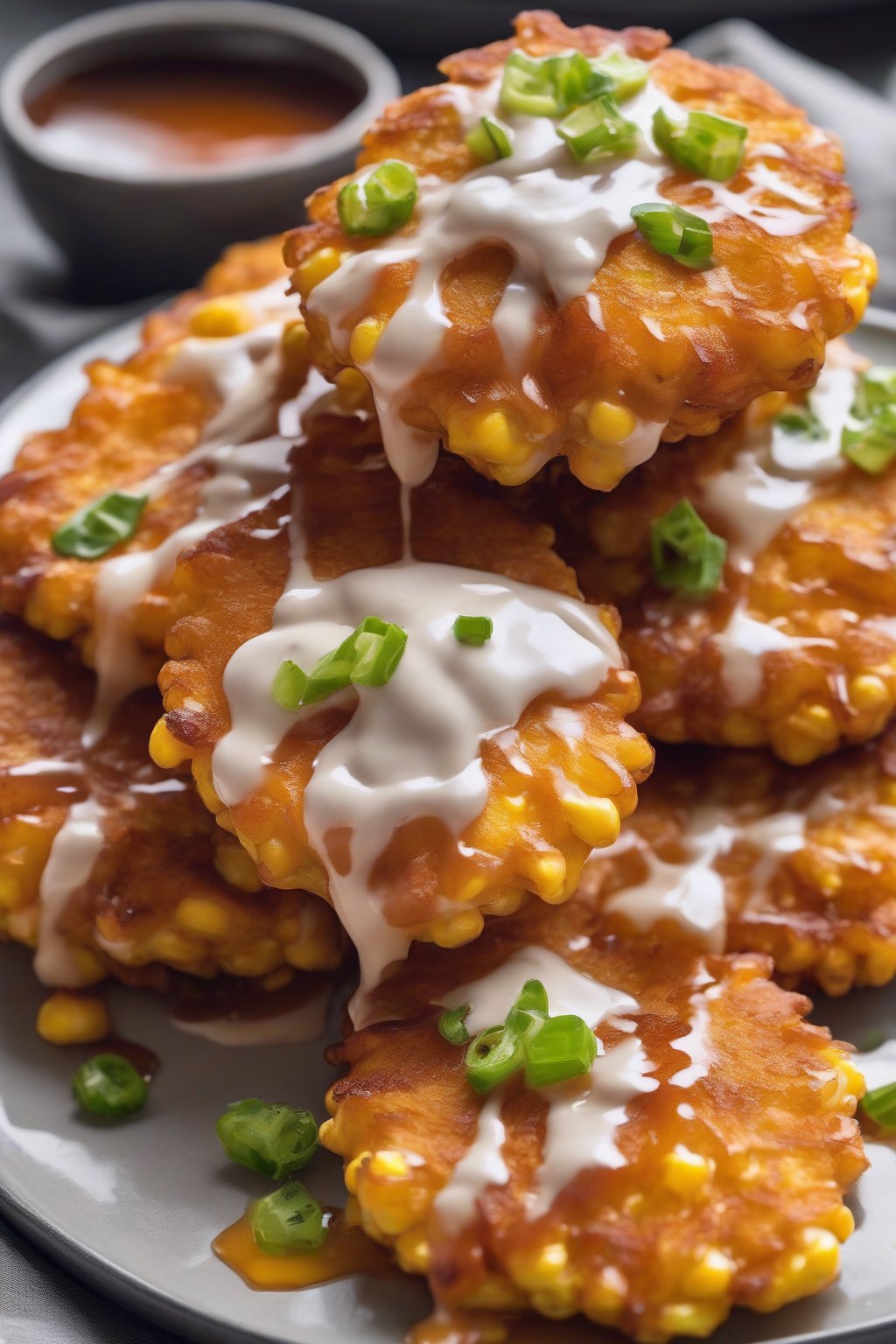 A high-resolution photo of crispy sweet cream corn fritters stacked on a plate, drizzled with sauce under soft lighting.