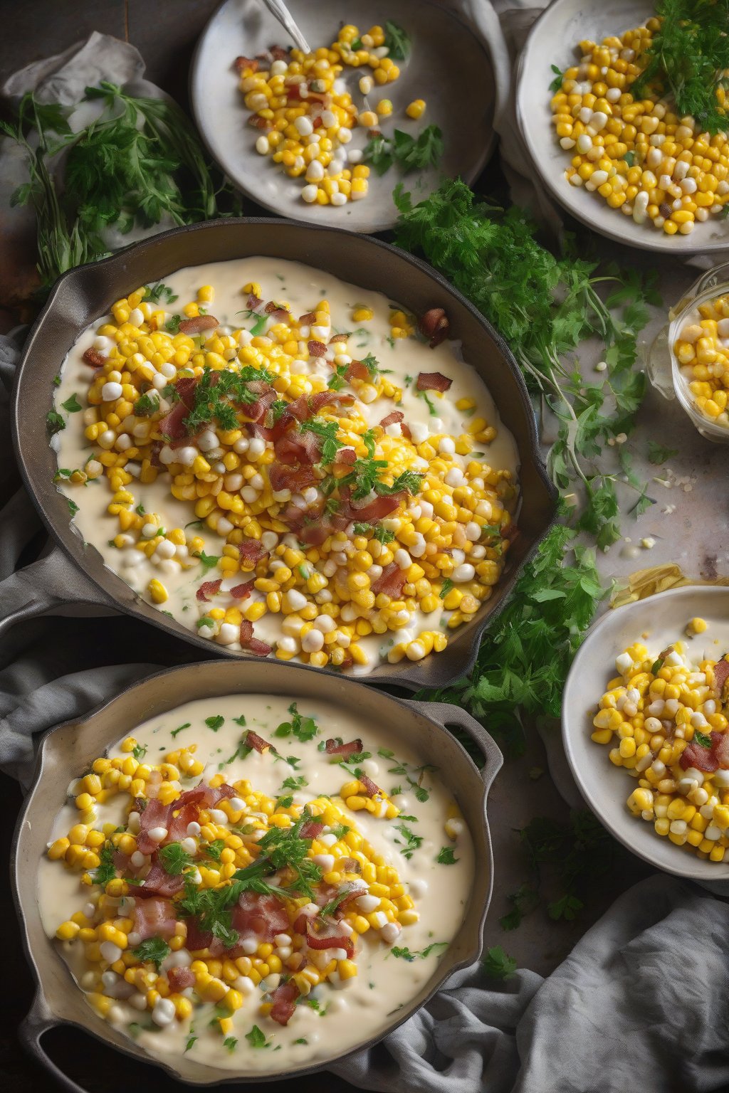 A high-resolution photo of bacon-infused sweet cream corn in a skillet, garnished with green herbs under soft lighting.