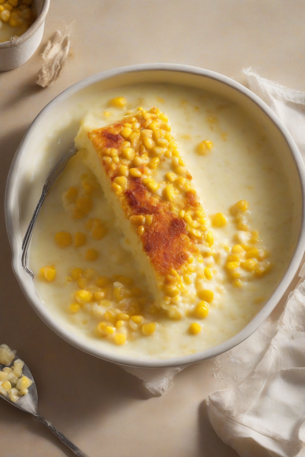 A high-resolution photo of sweet cream corn pudding sliced in a dish, smooth and custardy under soft lighting.