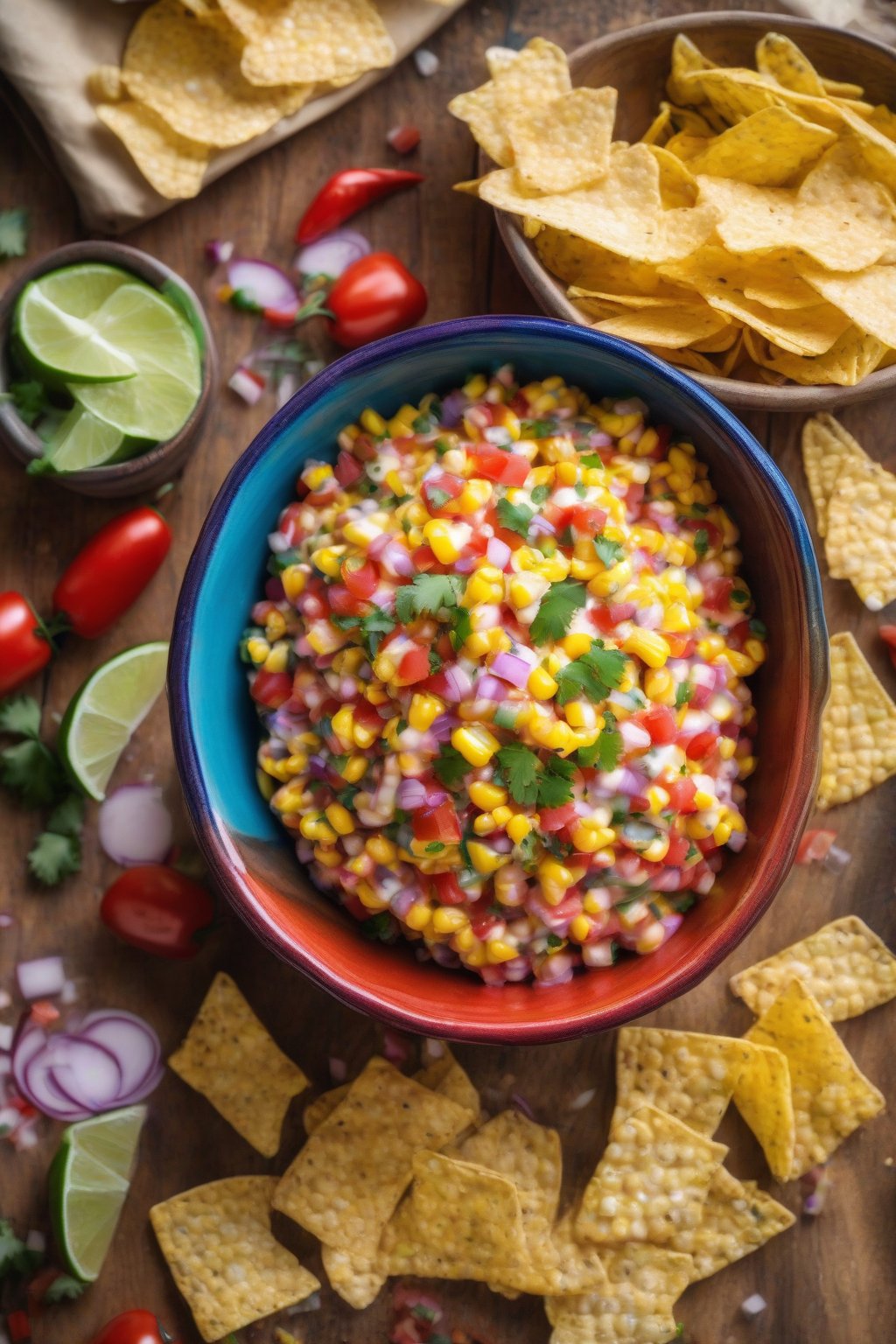 A high-resolution photo of spicy sweet cream corn salsa in a colorful bowl with chips nearby under soft lighting.