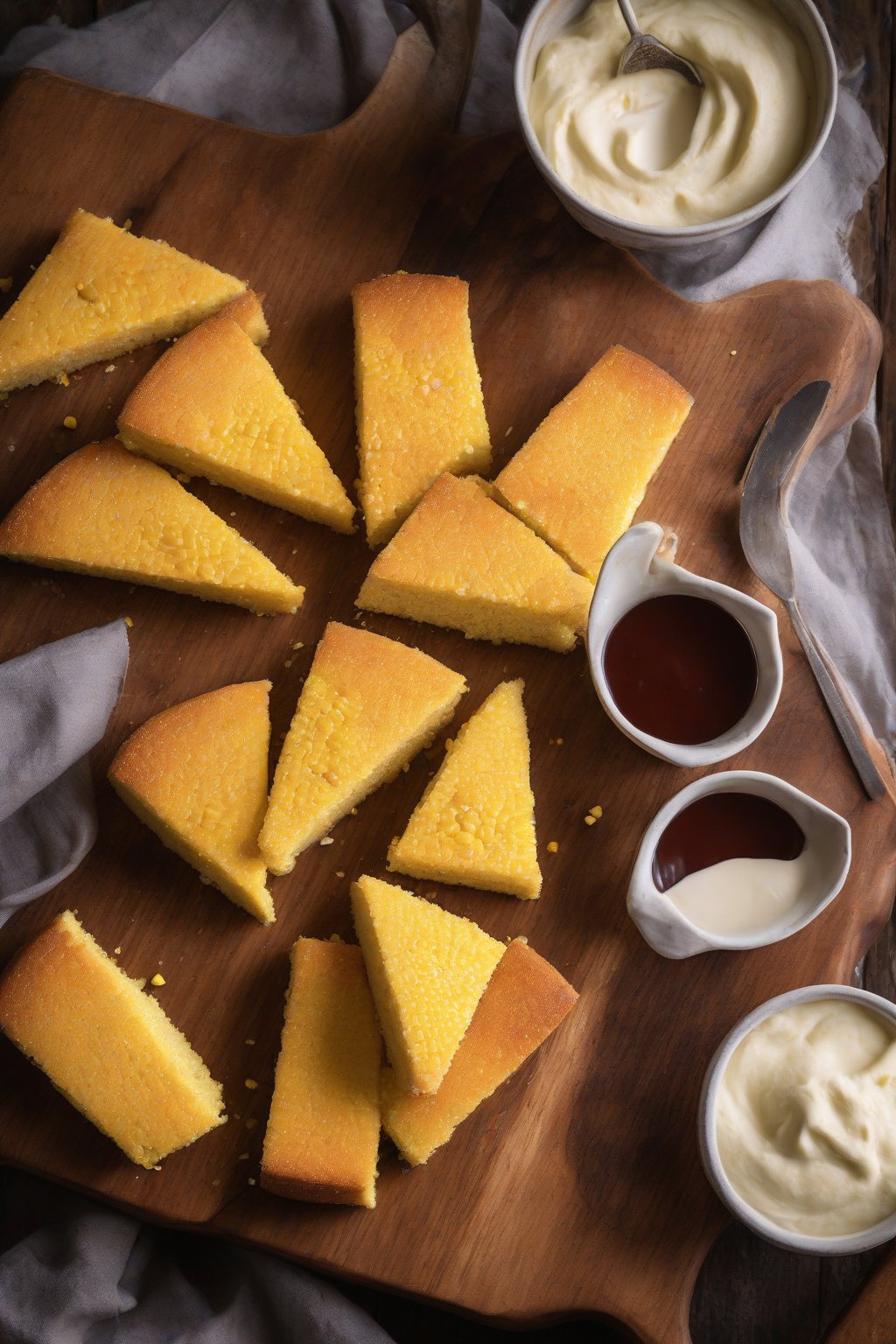 A high-resolution photo of sweet cream corn cornbread wedges on a wooden board under soft lighting.