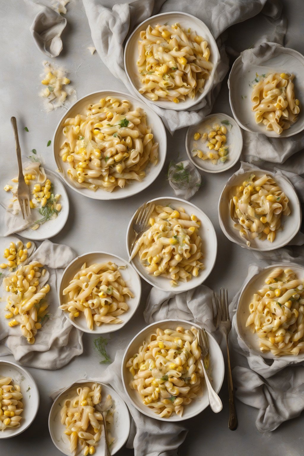 A high-resolution photo of creamy sweet cream corn pasta twirled on a fork under soft lighting.