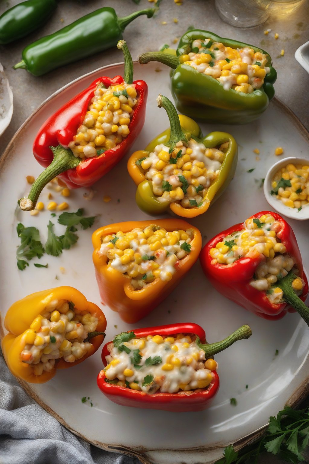 A high-resolution photo of sweet cream corn stuffed peppers halved on a plate under soft lighting.