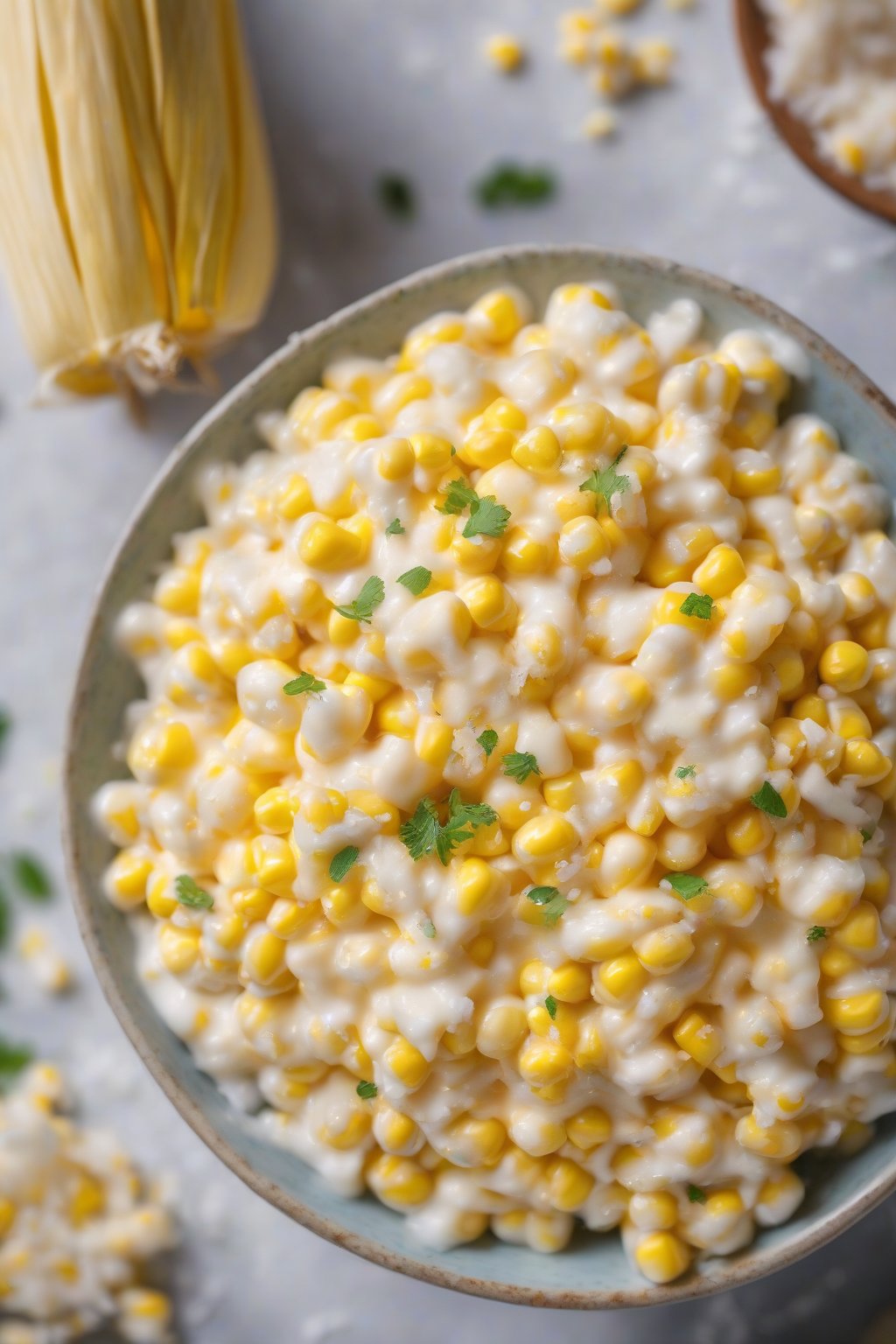 A high-resolution photo of vegan sweet cream corn in a bowl with coconut flecks under soft lighting.