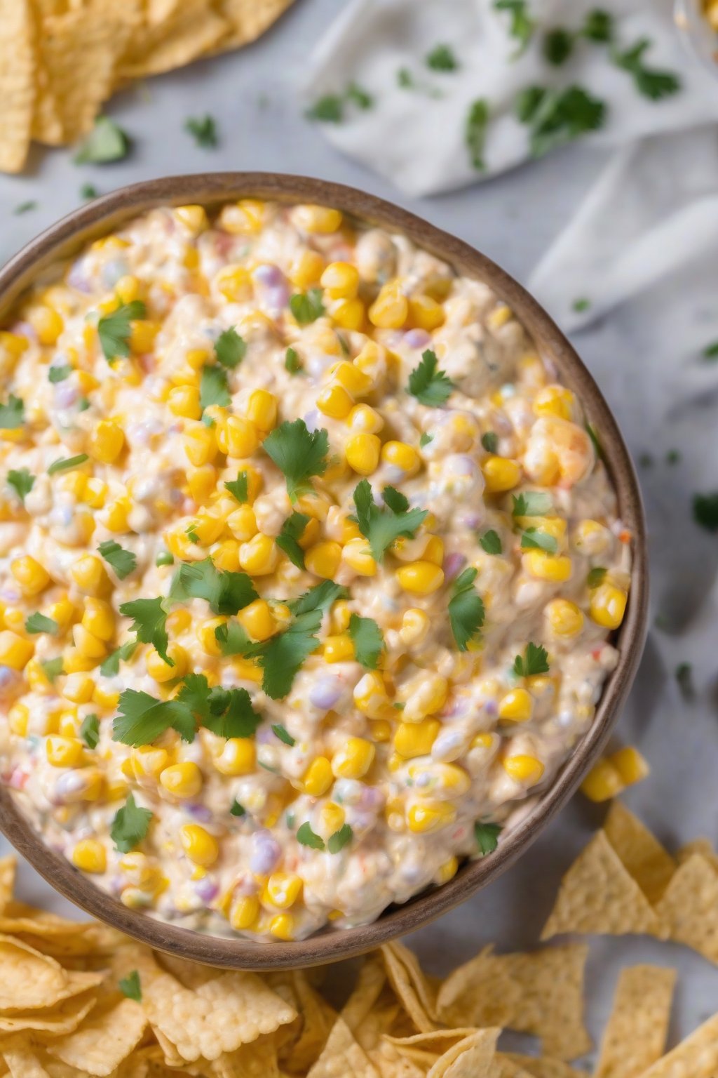 A high-resolution photo of bubbly sweet cream corn dip with tortilla chips under soft lighting.