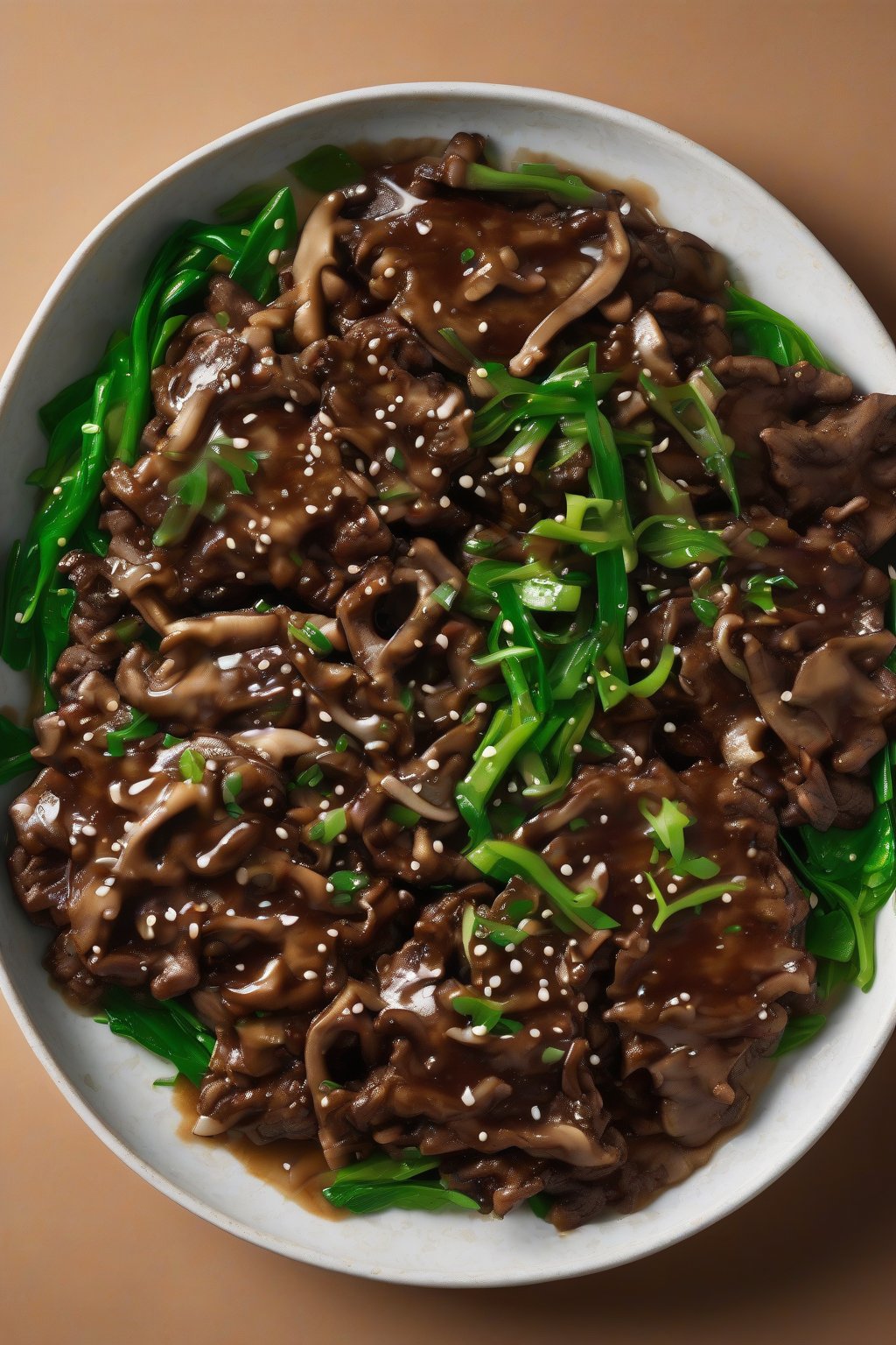 A high-resolution photo of vegetarian mushroom bulgogi mimicking beef texture, glossy with sauce and greens, under soft lighting.
