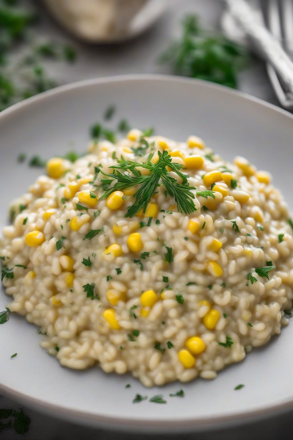 A high-resolution photo of herbed sweet cream corn risotto plated elegantly under soft lighting.
