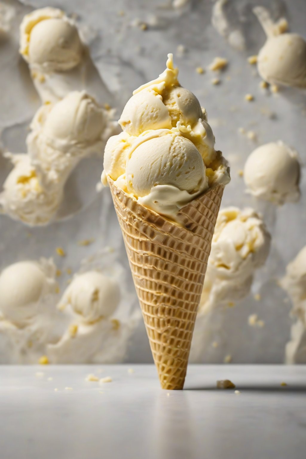 A high-resolution photo of sweet cream corn ice cream in a cone, scooped generously under soft lighting.