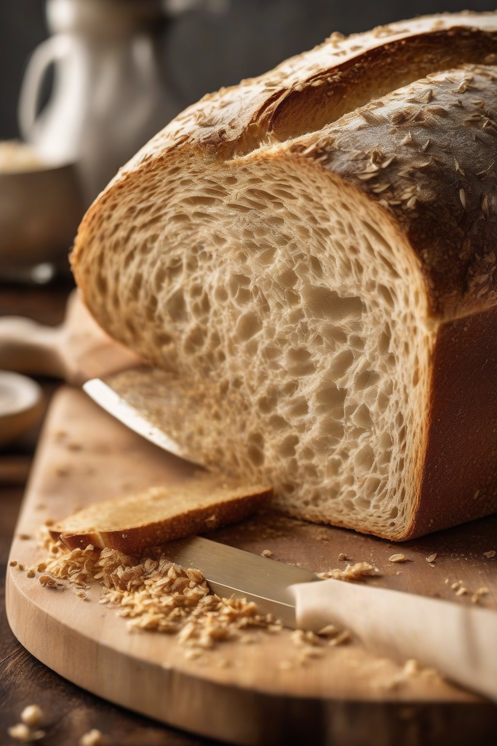 A high-resolution photo of a golden-crusted classic sourdough loaf on a wooden cutting board, sliced to show airy crumb, under soft lighting.