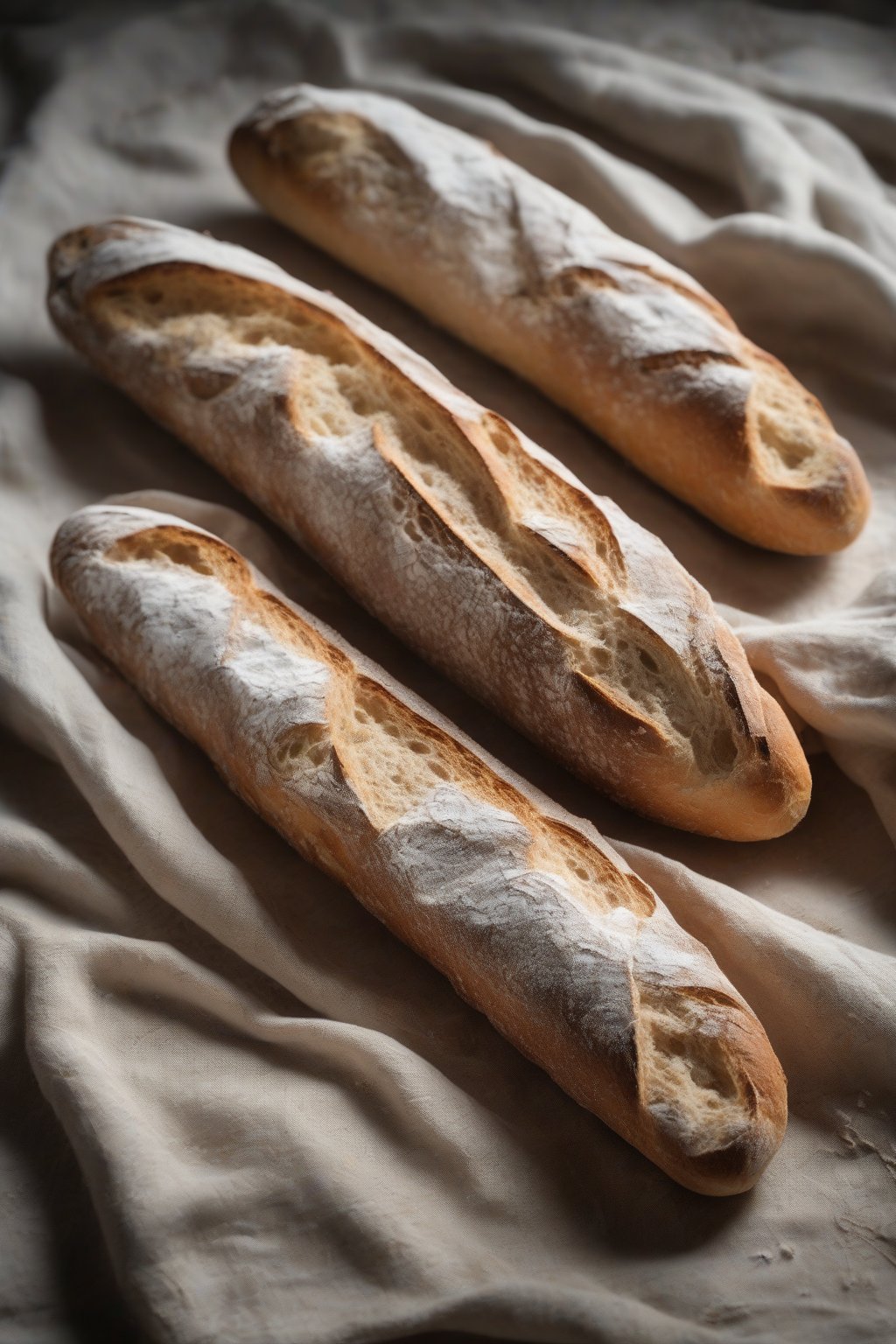 A high-resolution photo of three crusty sourdough baguettes on a linen cloth, dusted with flour, under soft lighting.